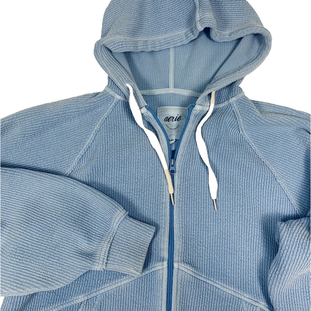 Aerie Wonder Full Zip Textured Oversized Hoodie Women's Small Light Blue